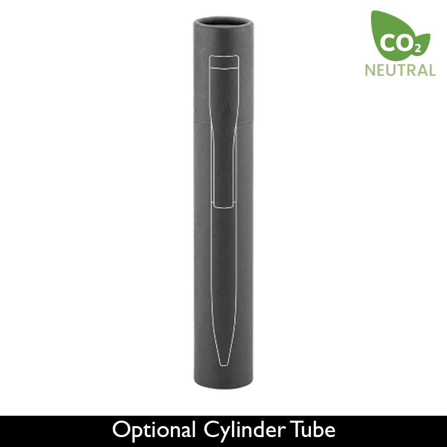 A black metal ballpoint pen in a cylindrical tube, featuring a logo on the tube.