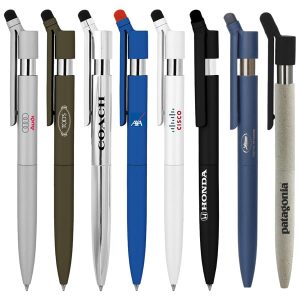A collection of metal ballpoint pens in various colours, featuring stylus tips and branding on some.