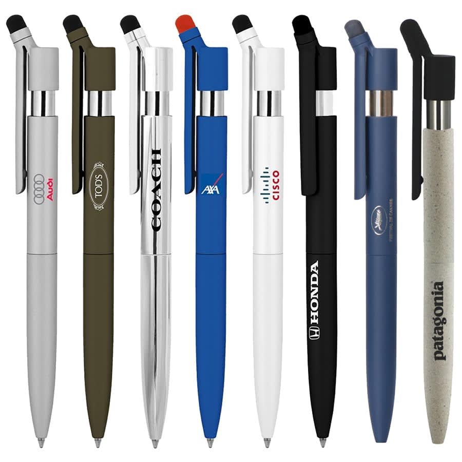 A collection of metal ballpoint pens in various colours, featuring stylus tips and branding on some.