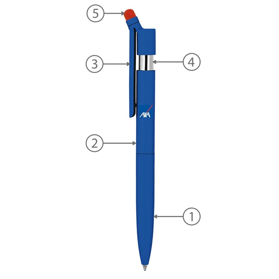 A blue metal ballpoint pen with a stylus tip, featuring a clip and a branding logo.