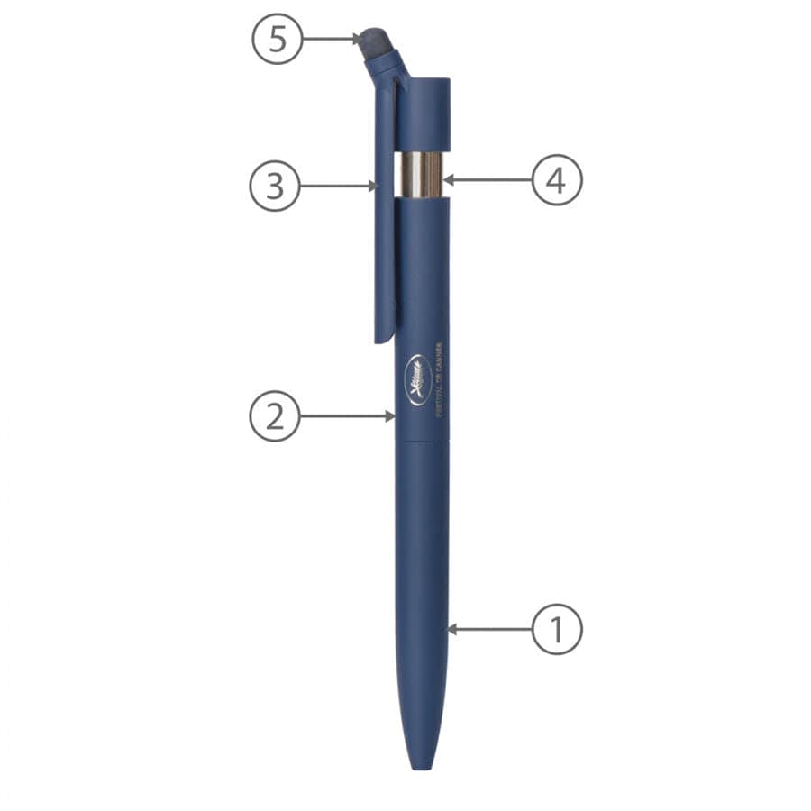 A blue metal pen with a twist mechanism and a stylus on top, featuring a logo.