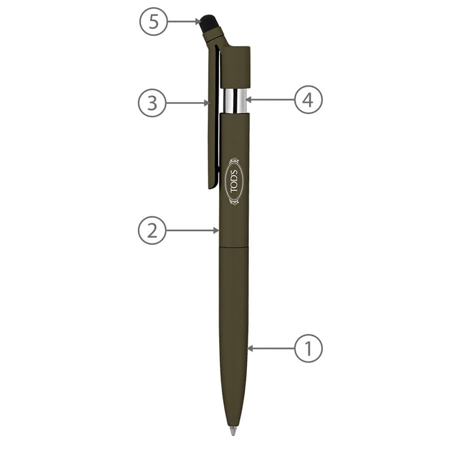 An olive green twist metal ballpoint pen with a stylus tip and clip, featuring a brand logo.