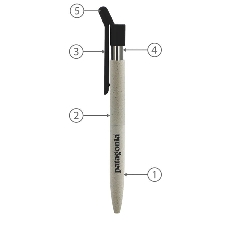 A metal ballpoint pen featuring a light grey body and a black clip, with a logo on the side.