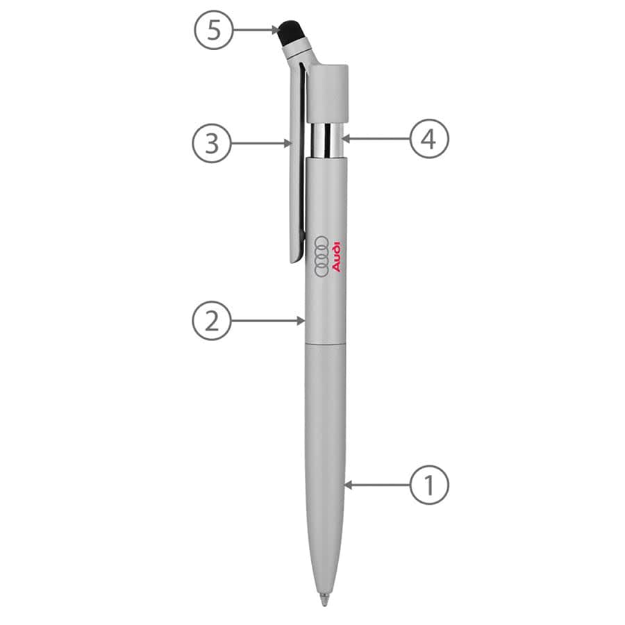 A grey metal ballpoint pen with a stylus tip and a clip, featuring a logo.