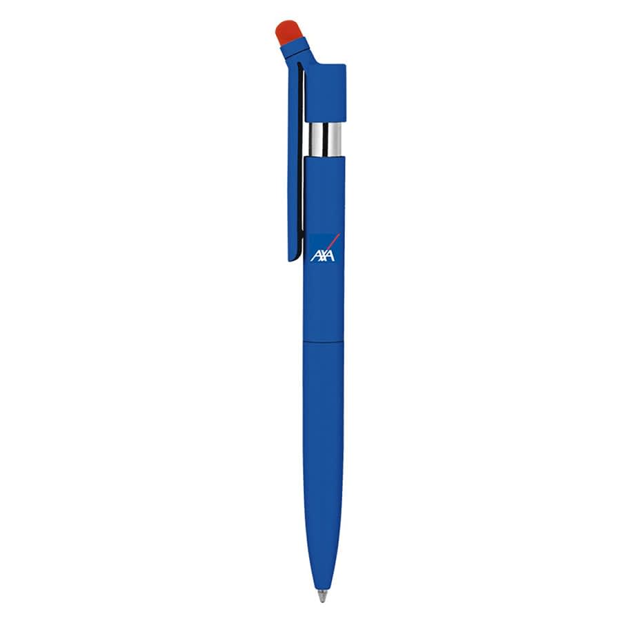 A blue metal ballpoint pen with a twist mechanism and a red stylus tip. It features a logo on the barrel.