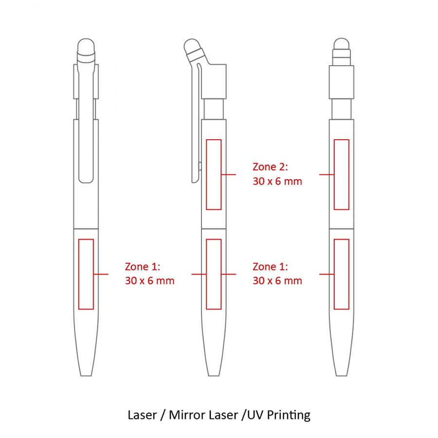 An outline of a stylus and metal ballpoint pen in various angles, featuring highlighted areas for printing.