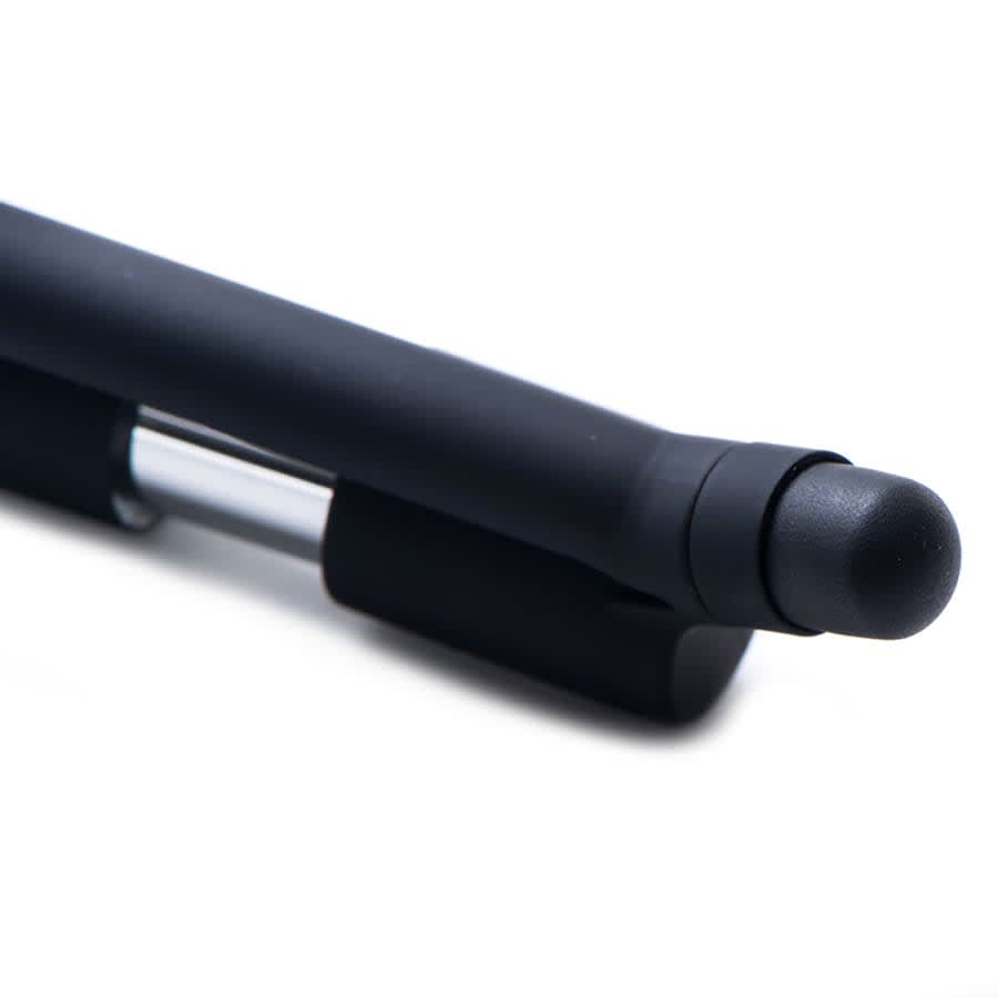 A black metal ballpoint pen with a stylus tip, featuring a sleek design and a logo.