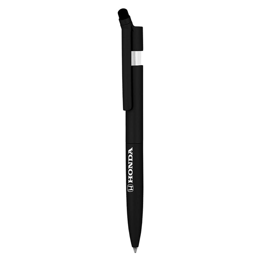 A black metal pen with a twist mechanism and a stylus tip, featuring a logo on the barrel.
