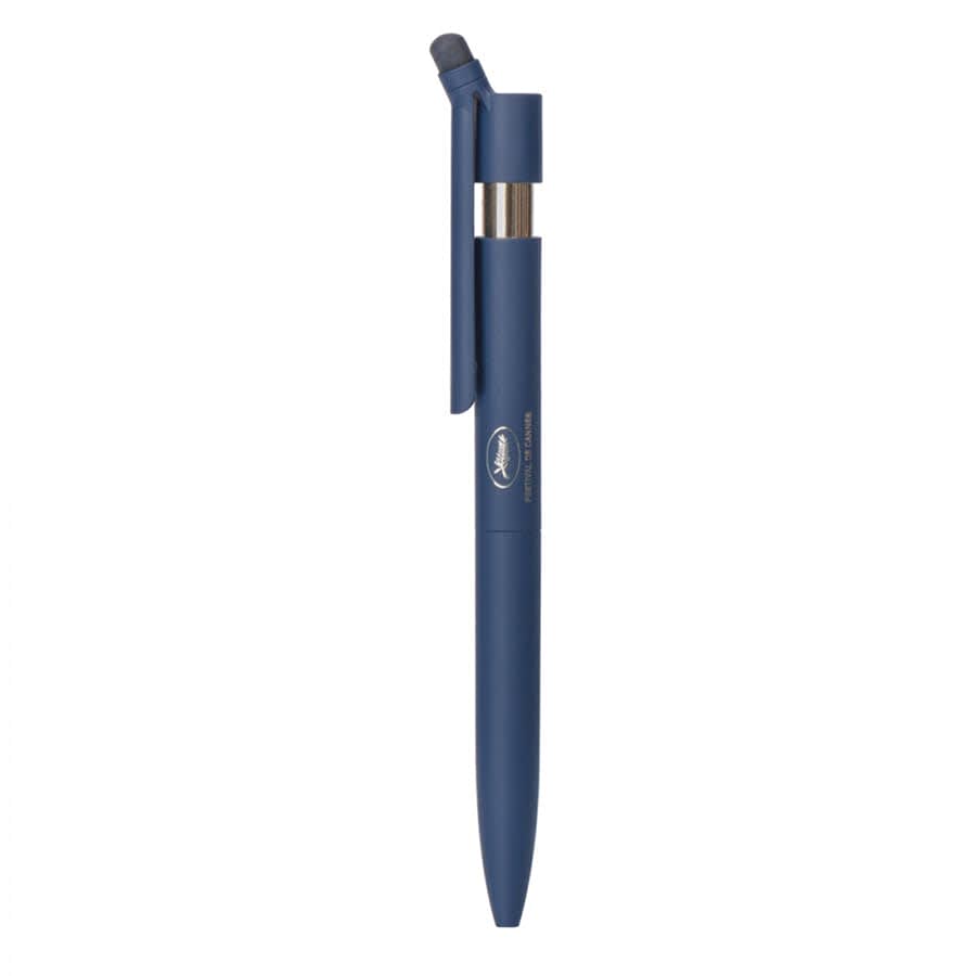 A blue metal ballpoint pen with a twist mechanism and a stylus tip. It features a branding logo on the side.