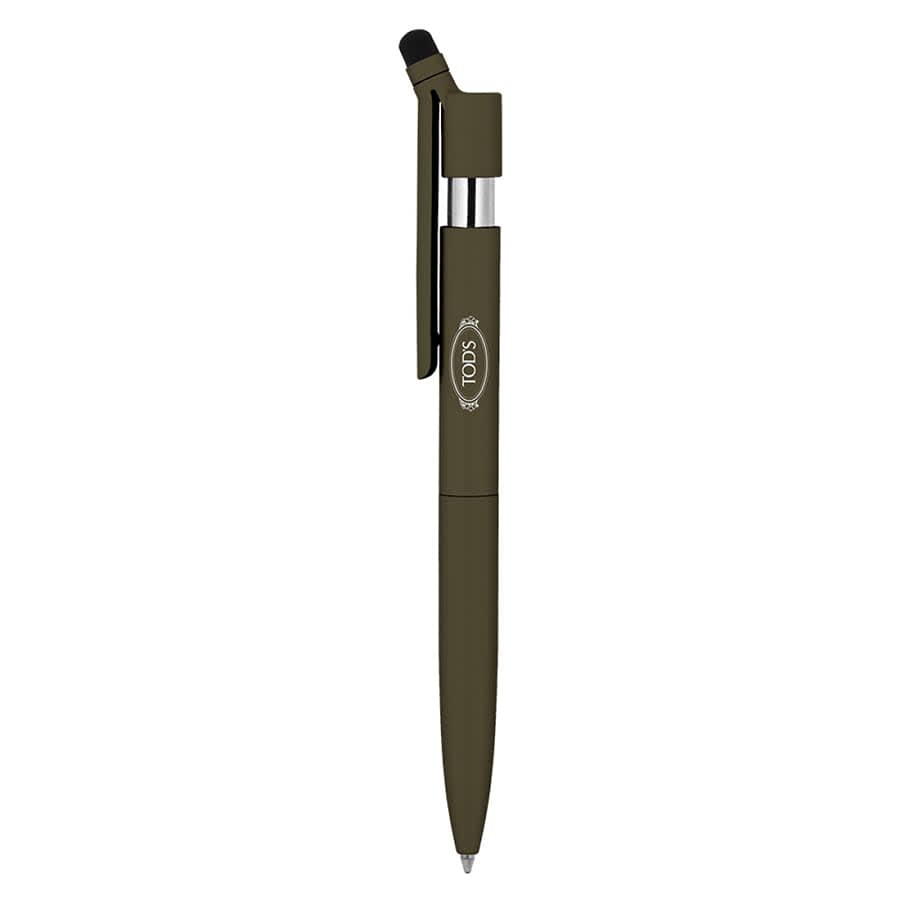 A green metal ballpoint pen with a twist mechanism and a stylus tip, featuring a logo.