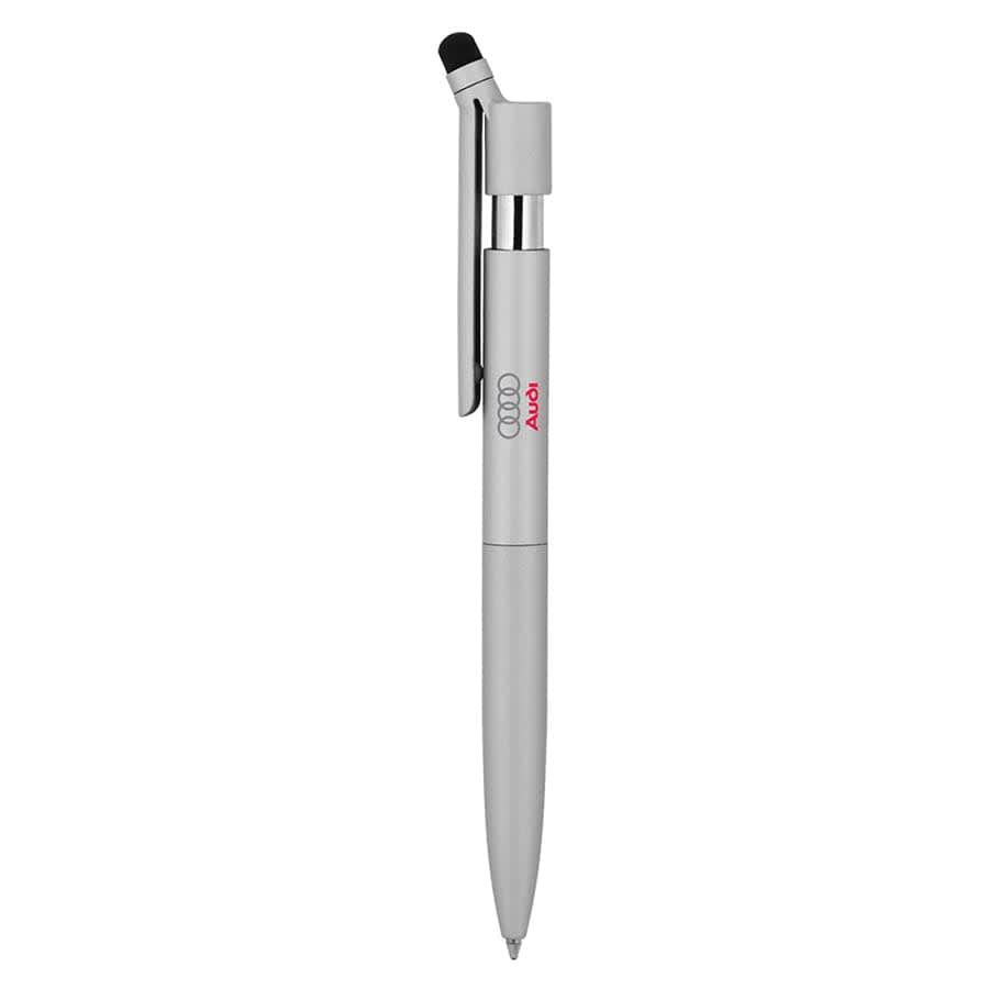 A silver metal ballpoint pen with a twist mechanism and a stylus tip, featuring a logo on the barrel.