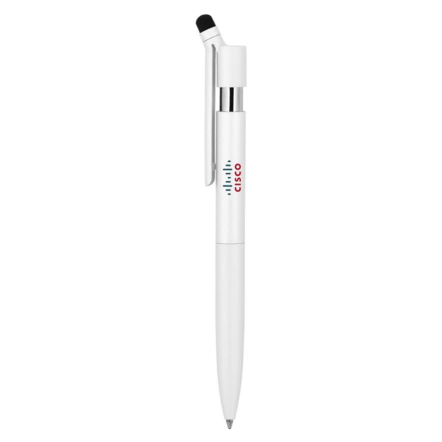 A white metal ballpoint pen with a stylus tip and a branding logo.
