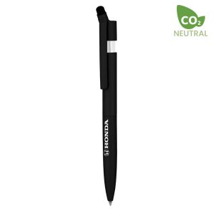 A black twist metal ballpen with a stylus tip and a logo. Features a sleek, modern design.