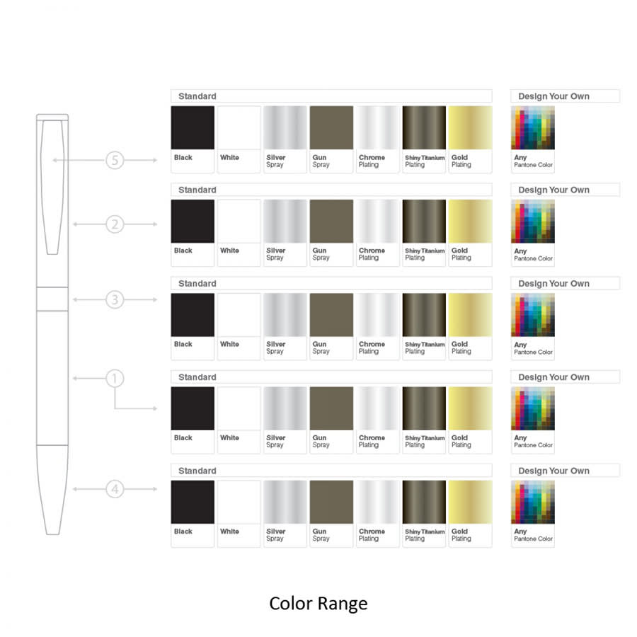 A display of metal pens in various colours, including black, white, silver, gold, and chrome, with design options.