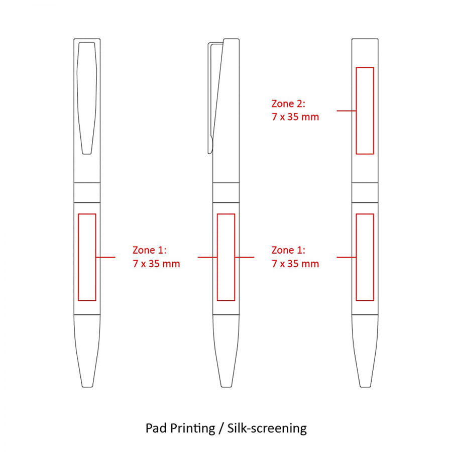 A line drawing of the BND86 NOLO twist metal ball pen in multiple views, featuring areas for pad printing or silk-screening.