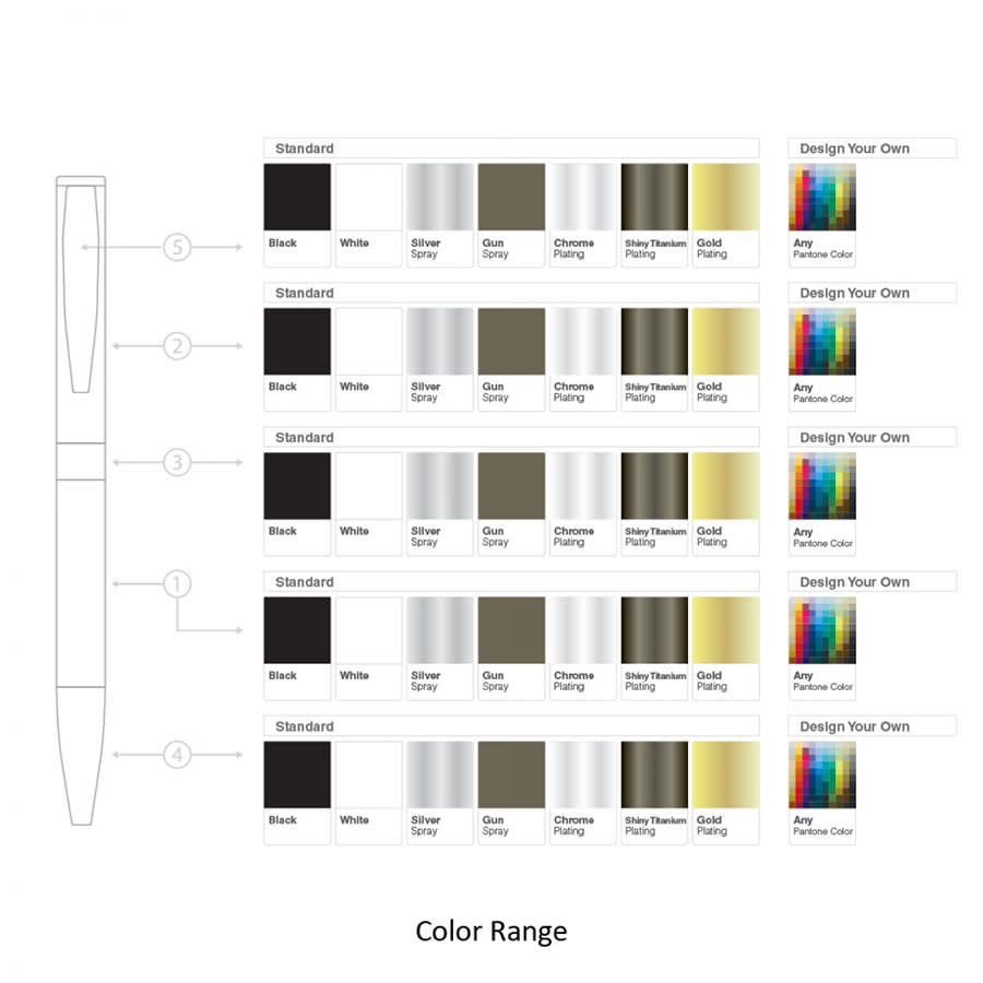 A metal ballpen with a sleek design, available in various colours including black, white, silver, and gold, featuring a logo.