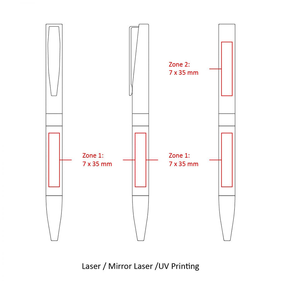A diagram of a metal ballpoint pen with areas marked for laser printing. Features a sleek design and includes a clip.