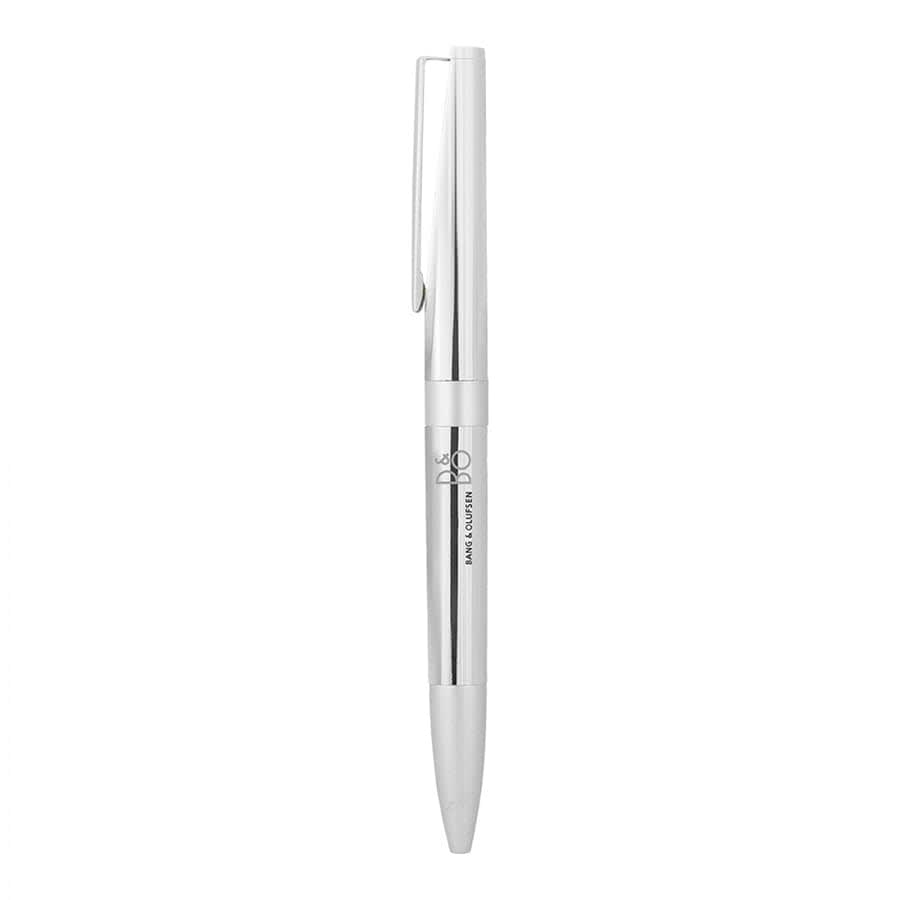 A sleek white metal ballpoint pen with a polished silver clip and branding. Perfect for professional settings.