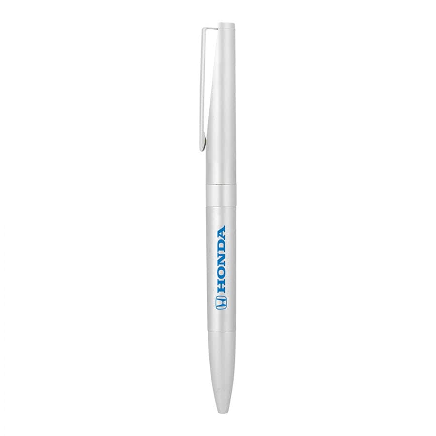 A white metal ballpoint pen with a clip and a logo. The pen features a twist mechanism for writing.