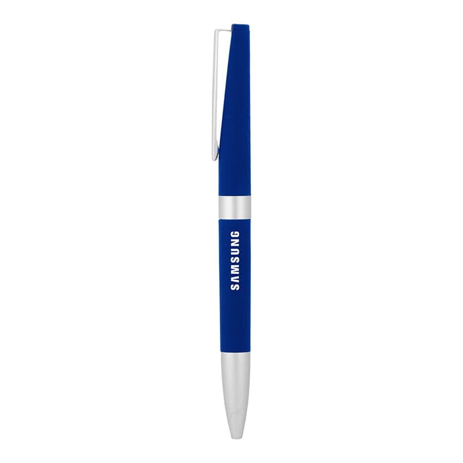 A blue metal ballpoint pen with a silver clip and branding on the barrel.