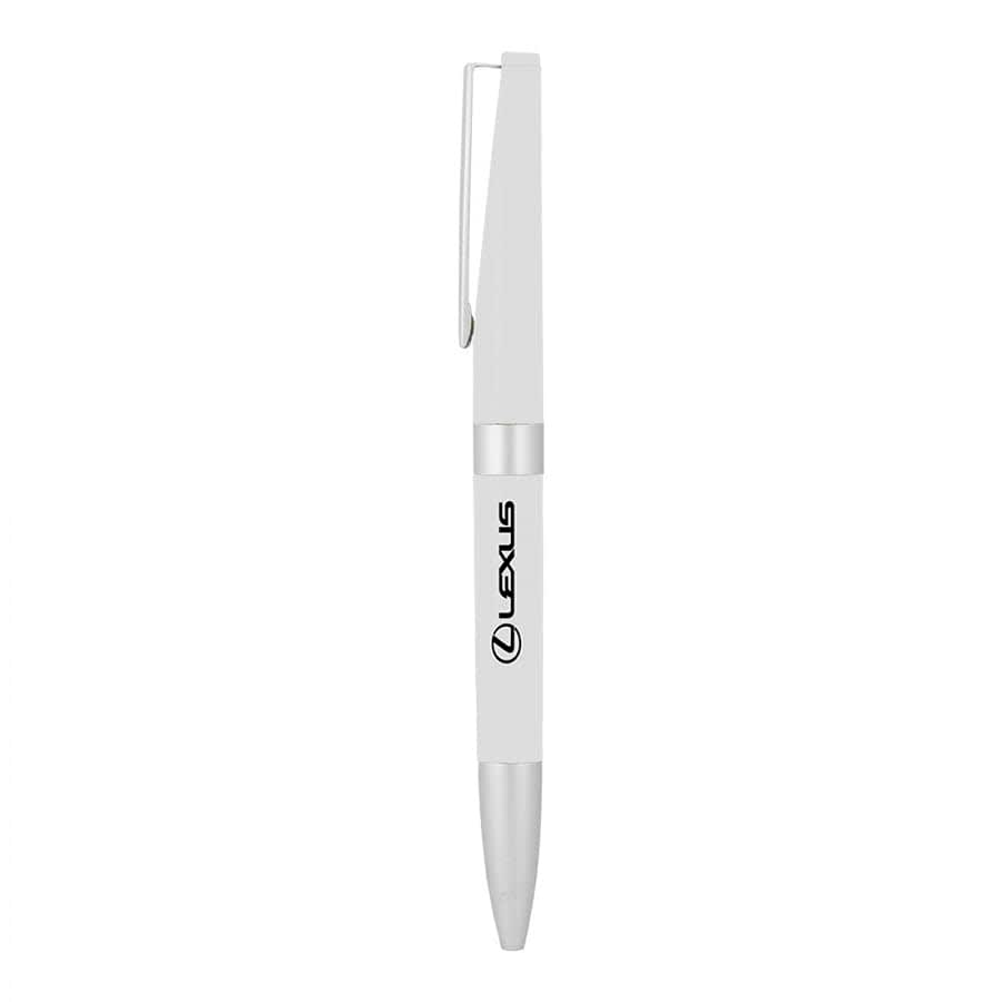 A white metal ball pen with a silver clip, featuring a logo on the body.