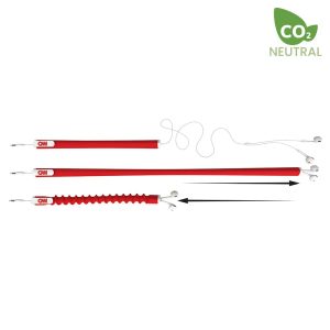 A red earbud organiser with multiple sections for tidying cables, featuring a logo on one end.