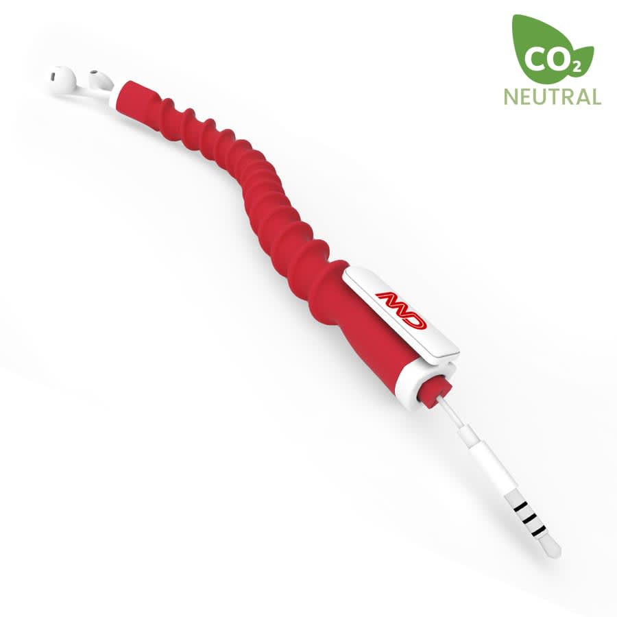 A red earbud organiser with a flexible design and a branded section for holding earphones securely.