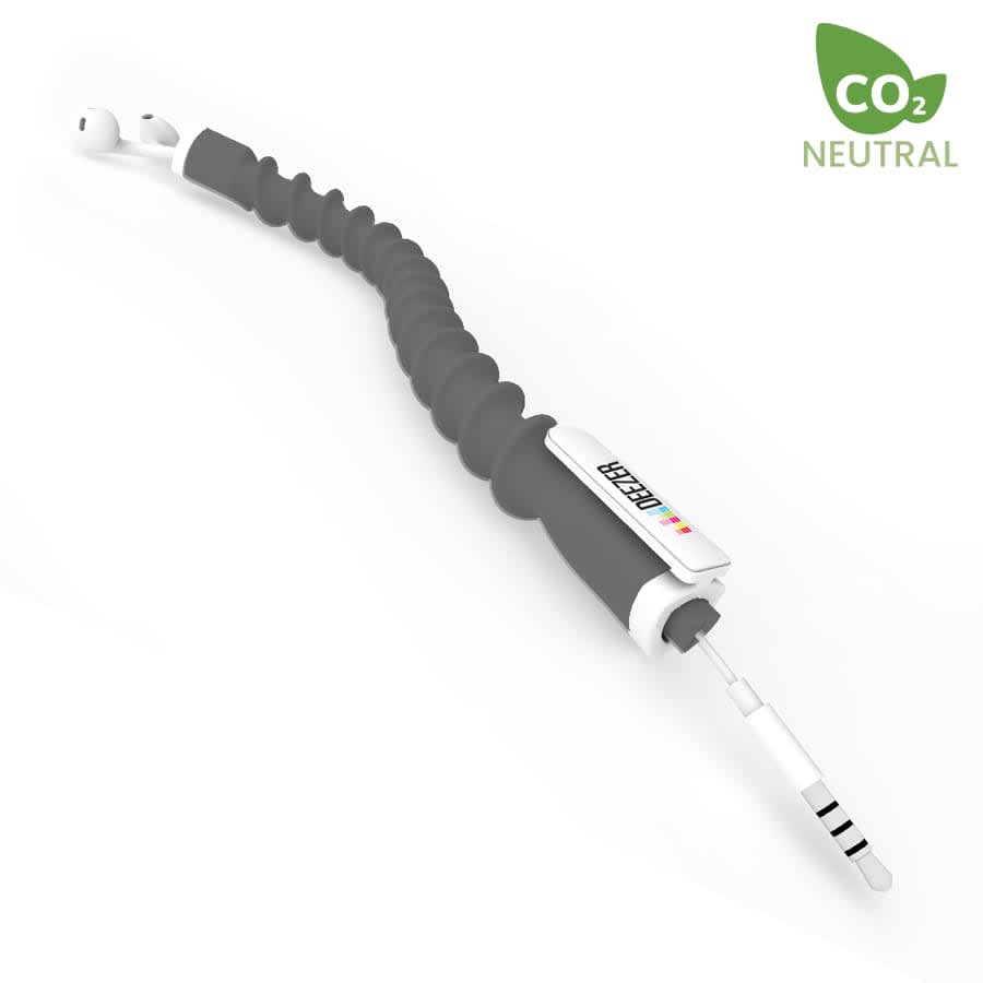 A black earbud organiser with a coiled design and integrated earphones, featuring a logo.