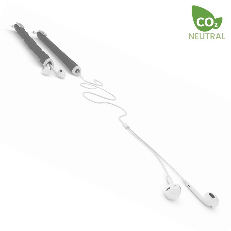 A black earbud organiser with white earbuds and cables neatly arranged, featuring a logo in the corner.