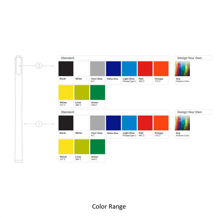 A colour range chart featuring options for a product, including black, grey, blue, red, orange, yellow, green, and custom colours.