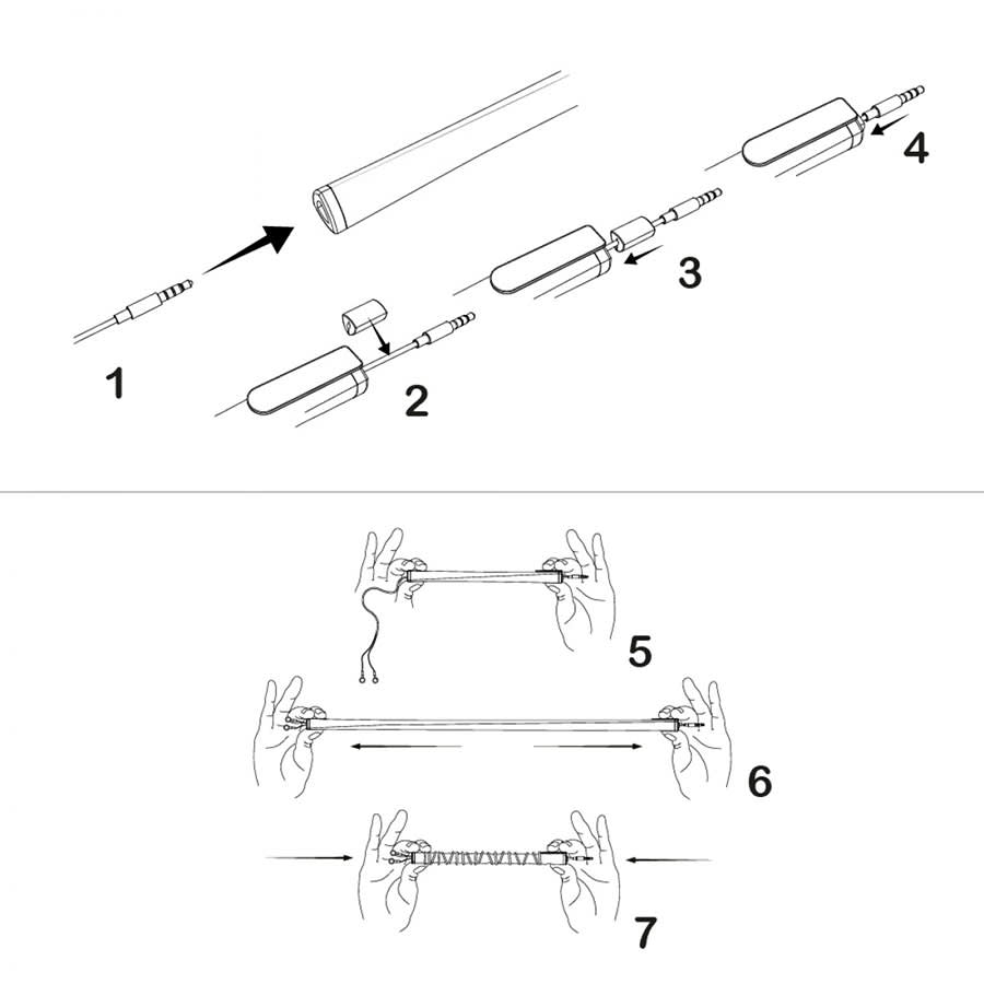 A series of diagrams illustrating the operation of the BND862 PULLI, an earbud organiser, featuring a cylindrical design.