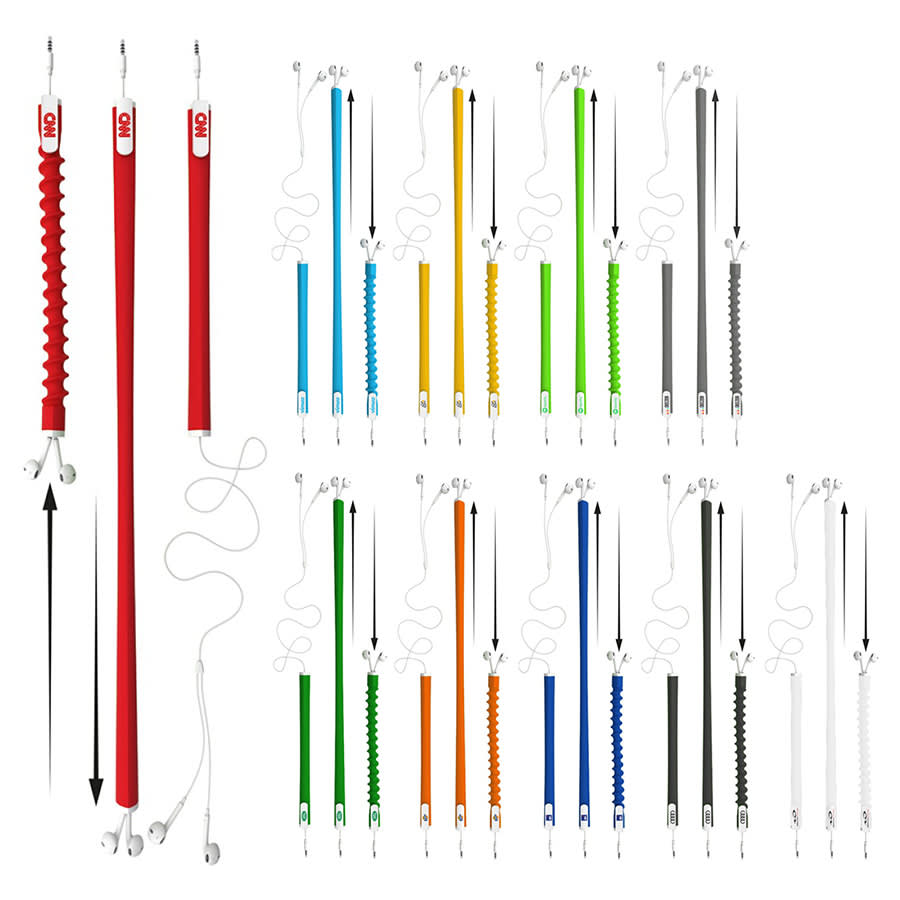 Earbud organiser with multiple colour options, featuring a textured design and attached cable. Includes a logo.
