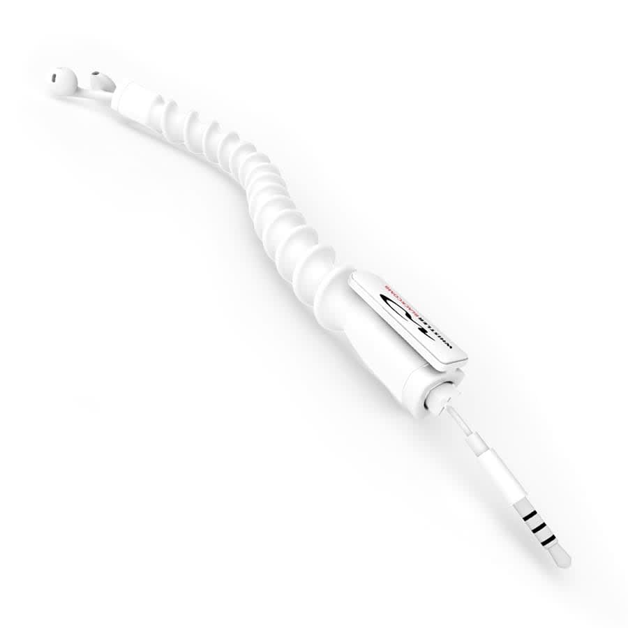 A white earbud organizer with a spiral design, featuring a holder and a connector end, and includes earbuds.