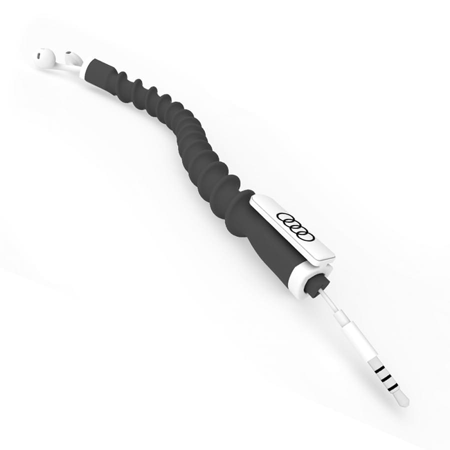 A black and white earbud organizer with a flexible design, featuring a logo, ideal for tidying cables.