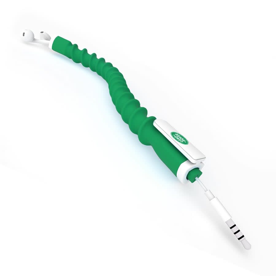 A green earbud organiser with a flexible design and white accents, featuring an attached pair of earbuds.
