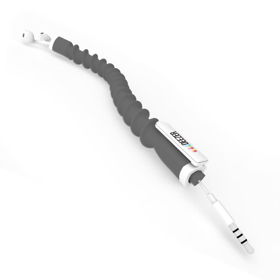 A grey earbud organizer with a flexible design, featuring a white connector and headphone tips. It has a logo.
