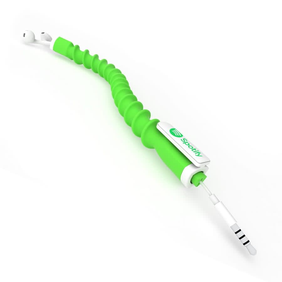 A green earbud organiser with a coiled design and a branding logo.