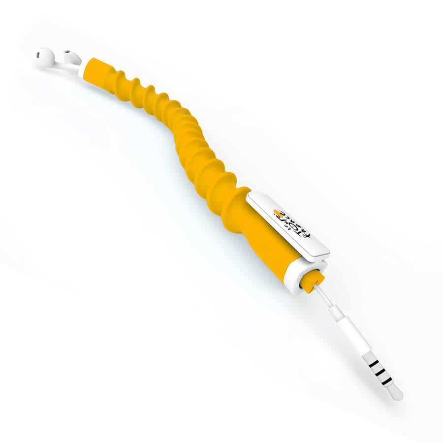 A yellow earbud organiser with a flexible, spiral design and attached earbuds, featuring a logo.