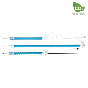 A blue earbud organiser with flexible sections for cable management, featuring a clip for attachment and a logo.