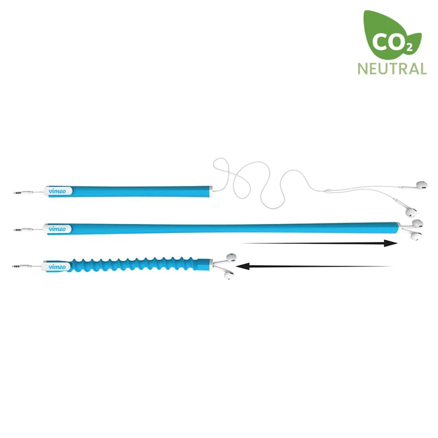 A blue earbud organiser with flexible sections for cable management, featuring a clip for attachment and a logo.