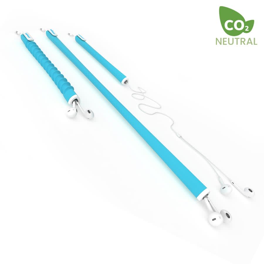 A turquoise earbud organiser with three segments, featuring white accents and a branding logo.