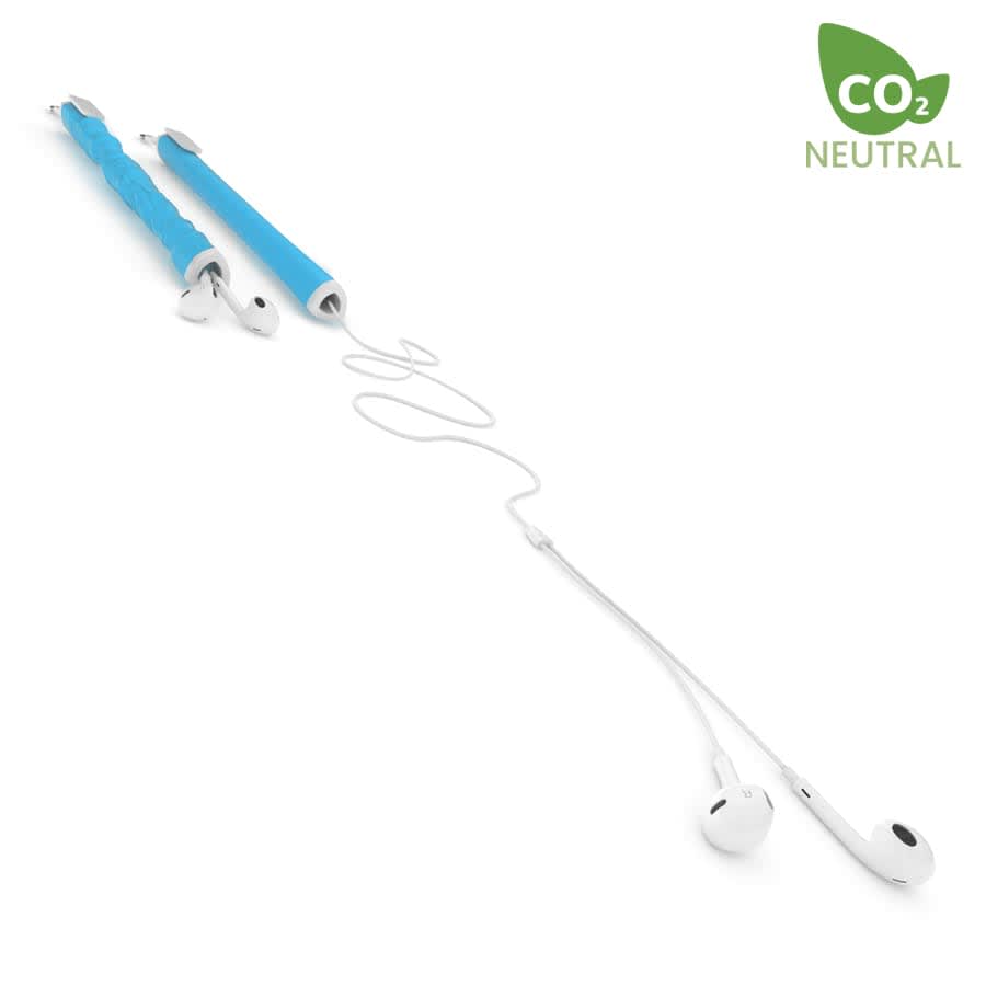 A teal and blue earbud organiser with white earbuds and a cable, featuring a logo on one side.