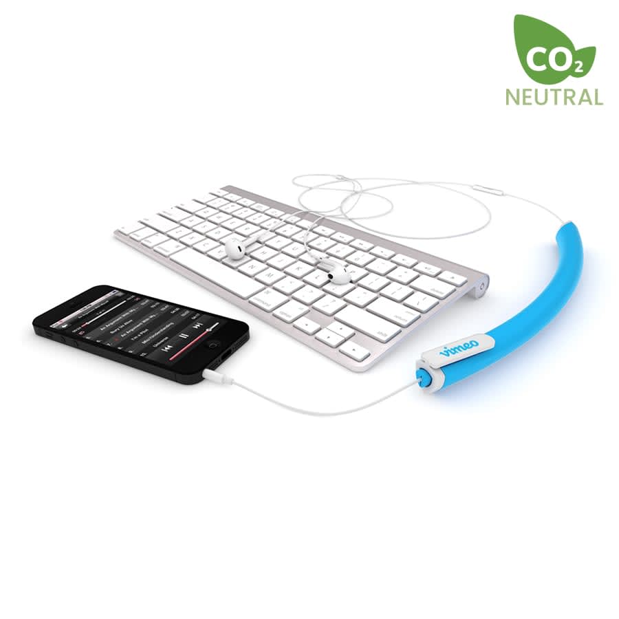 A blue earbud organiser alongside a smartphone and a keyboard, featuring a branding logo.