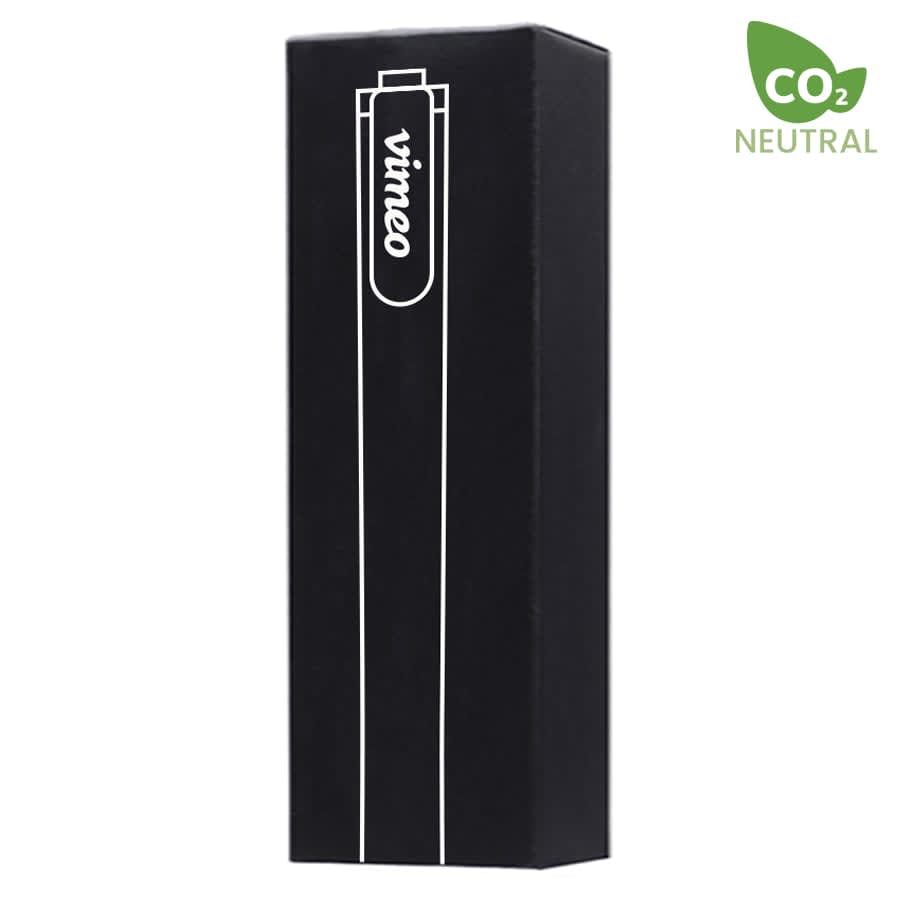 A black packaging box for a product, featuring simple line art and a logo on the side.