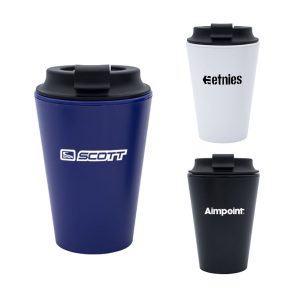 A drink mug set featuring three reusable mugs in navy, white, and black, each with a lid and branding.