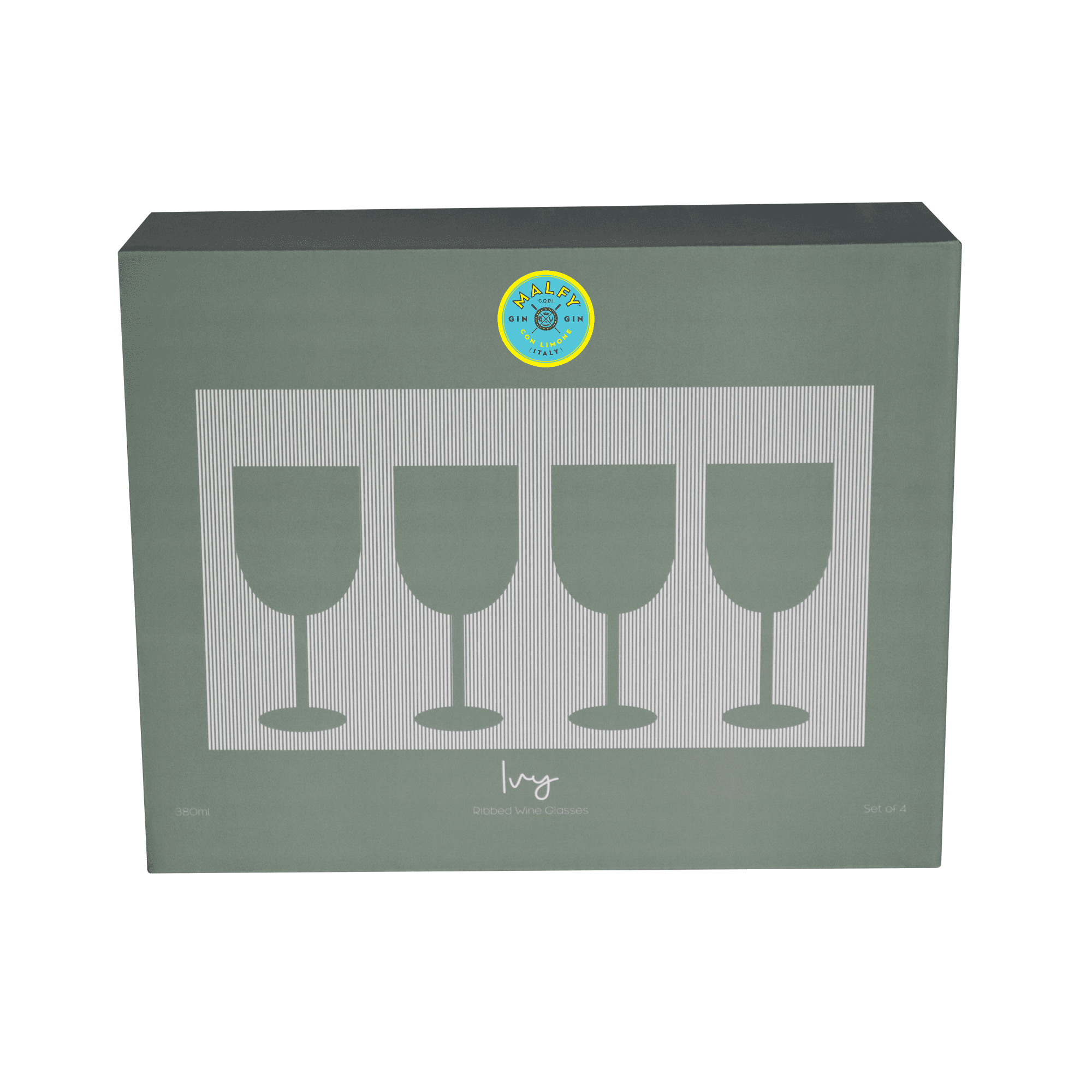 A boxed set of four ribbed wine glasses in a soft green packaging with a logo.