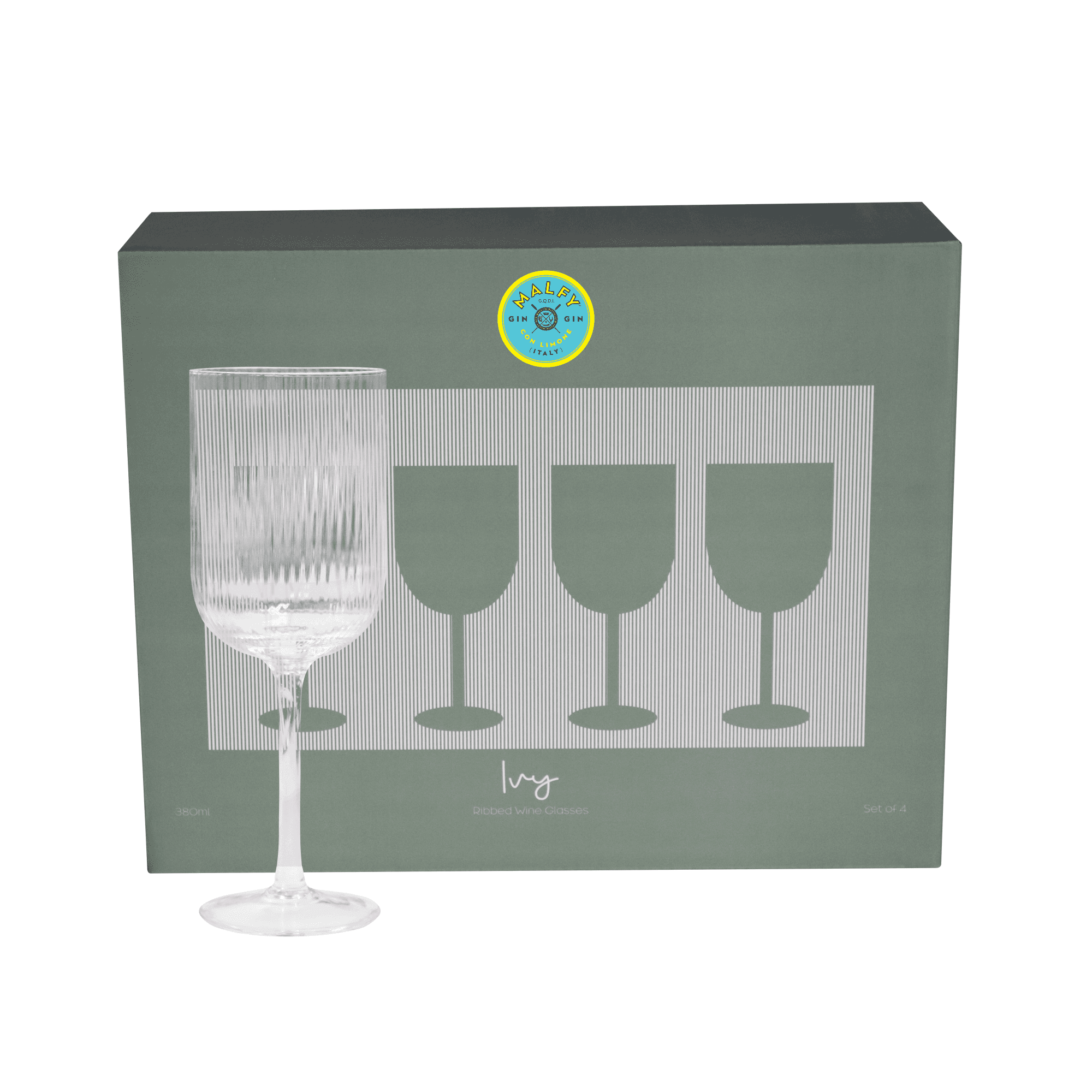 A ribbed glass wine glass with a tall stem, displayed next to its packaging featuring four glass outlines.