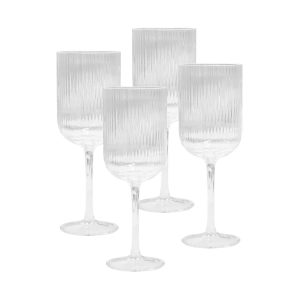 Four clear glass wine glasses with ribbed design, featuring tall stems and a minimalist aesthetic.