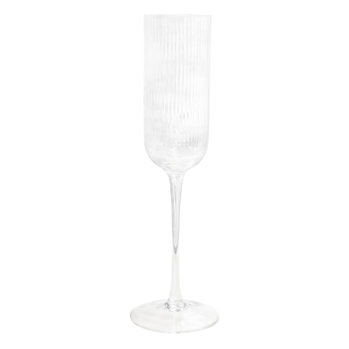 A ribbed clear glass champagne flute with a tall stem and round base. It features vertical ribbing along the glass.