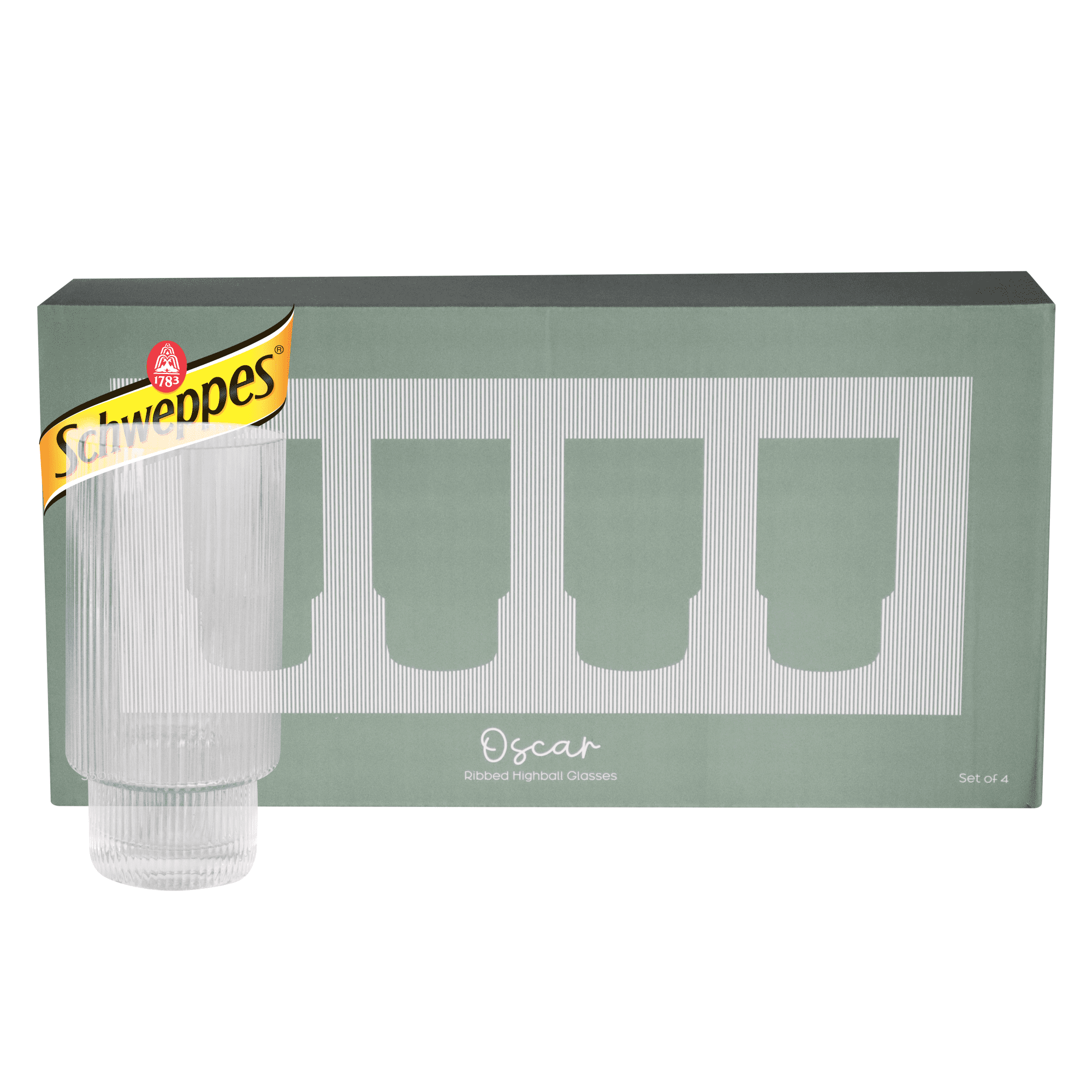 A clear glass highball glass with ribbed design, packaged in a set of four. The box features a logo.